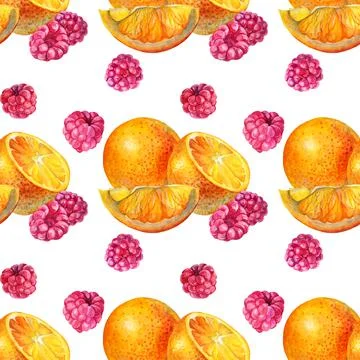 Seamless pattern watercolor summer composition fruit orange slice and berries Stock Illustration