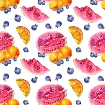Seamless pattern watercolor summer composition watermelon, orange slice, berries Stock Illustration