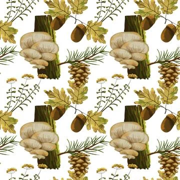 Seamless pattern with watercolor tree shelf fungi, oak branches, and pine cones Stock Illustration