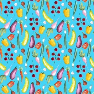 Seamless pattern of watercolor vegetable elements on blue background 스톡 일러스트