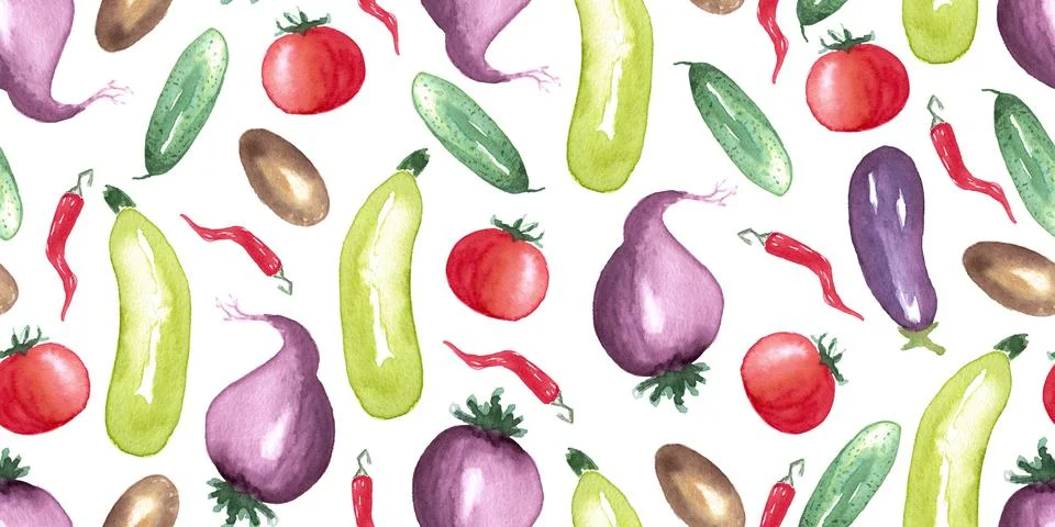 Seamless pattern of watercolor vegetable elements on white background Stock Illustration