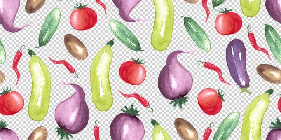 Seamless pattern of watercolor vegetable elements on white background 스톡 일러스트