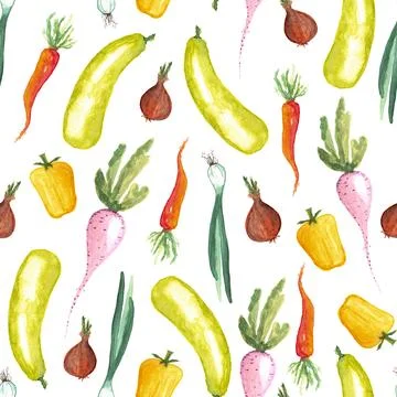 Seamless pattern of watercolor vegetable elements on white background Stock Illustration