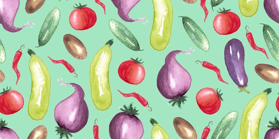 Seamless pattern of watercolor vegetable elements on green background Stock Illustration