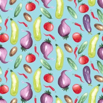 Seamless pattern of watercolor vegetable elements on blue background Stock Illustration