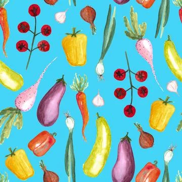 Seamless pattern of watercolor vegetable elements on blue background Stock Illustration