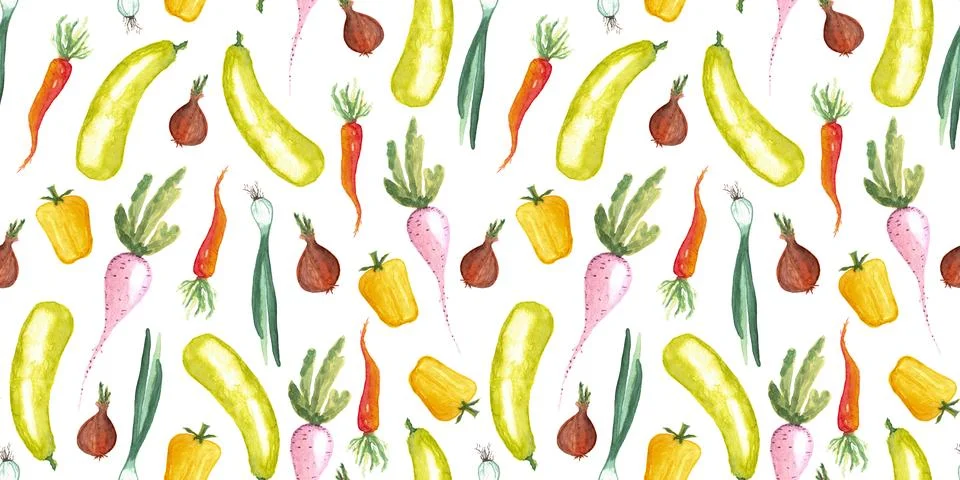 Seamless pattern of watercolor vegetable elements on white background Stock Illustration