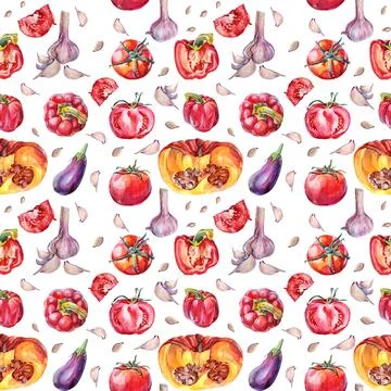 Seamless pattern watercolor vegetables: tomato bell pepper garlic pumpkin Stock Illustration