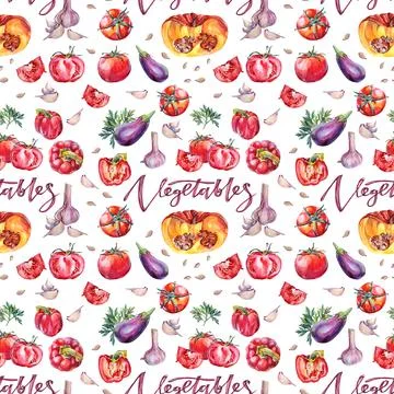 Seamless pattern watercolor vegetables: tomato bell pepper garlic pumpkin Stock Illustration