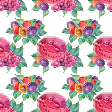 Seamless pattern watercolor watermelon, grape, apricot, plum with green leaves Illustrazione stock