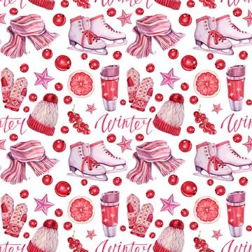 Seamless pattern watercolor white and red winter christmas figure skates Stock Illustration
