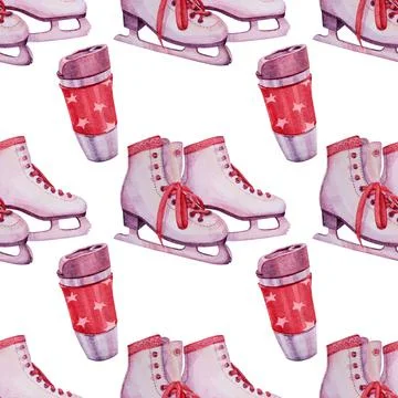 Seamless pattern watercolor white and red winter sport figure skates boots and Stock Illustration