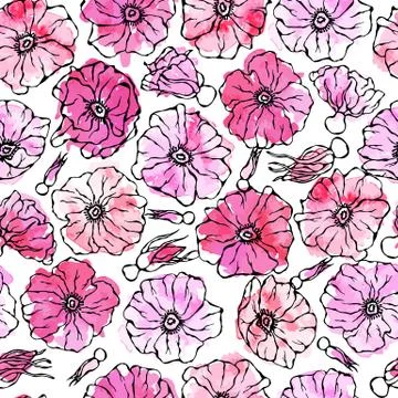 Seamless Pattern Watercolor Wild Rose Pink Flower. Dog Rose, Briar Leaf. Bota Stock Illustration
