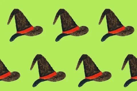 Seamless pattern with watercolor witch hat on green board. Design element Stock Illustration