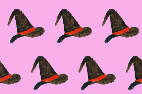 Seamless pattern with watercolor witch hat on pink board. Design element Illustrazione stock