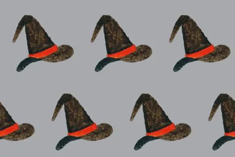 Seamless pattern with watercolor witch hat on grey board. Design element for Illustrazione stock