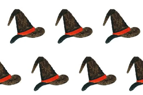 Seamless pattern with watercolor witch hat on white board. Design element for Stock Illustration