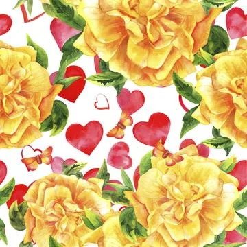 A seamless pattern with a watercolour drawing of a blooming yellow rose with Stock Illustration