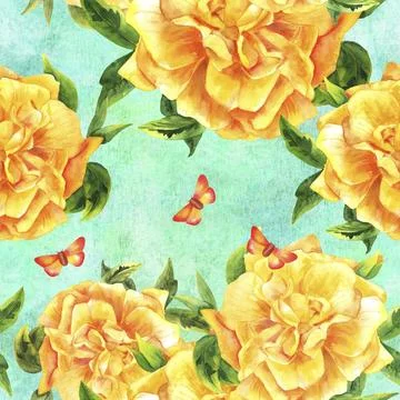 A seamless pattern with a watercolour drawing of a blooming yellow rose with Illustrazione stock