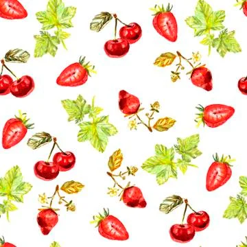 Seamless pattern with watercolour hand painted leaves, strawberries, cherries Stock Illustration