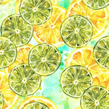 A seamless pattern with watercolour lemons and limes on a teal patchwork texture 库存插图