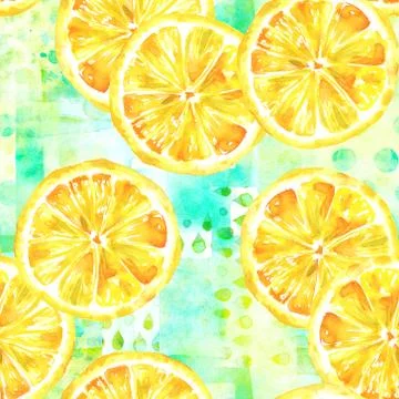 A seamless pattern with watercolour lemons on a teal patchwork texture Stockillustratie