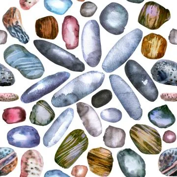 Seamless pattern of watercolour painting flat pebbles 스톡 일러스트