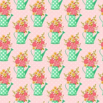 Seamless pattern with watering can and flowers. Stock Illustration