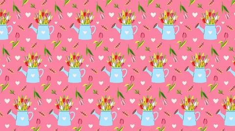 Seamless pattern with a watering can with tulips 库存插图