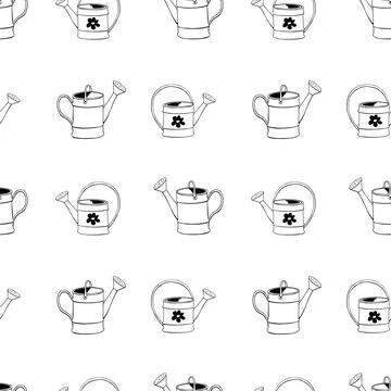 Seamless pattern with watering cans. Hand drawn outline vector background and Stock Illustration
