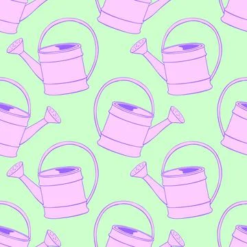 Seamless pattern with watering cans. Hand drawn outline vector background and Stock Illustration