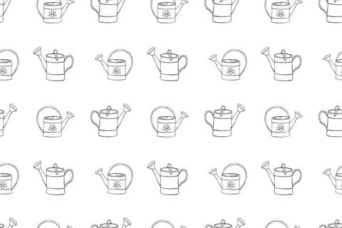 Seamless pattern with watering cans. Hand drawn outline vector background and Stock Illustration