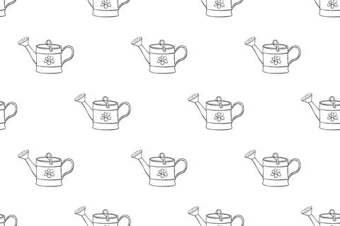 Seamless pattern with watering cans. Hand drawn outline vector background and Stock Illustration