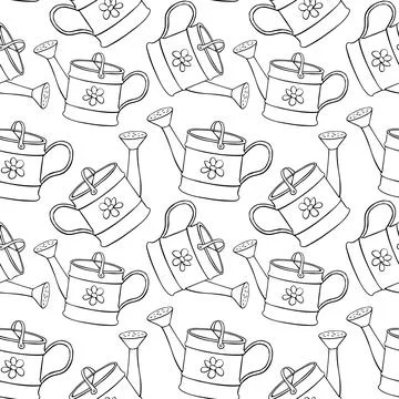 Seamless pattern with watering cans. Hand drawn outline vector background and Stock-Illustration