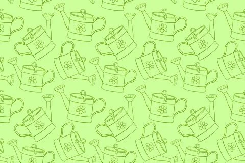 Seamless pattern with watering cans. Hand drawn outline vector background and Stock Illustration