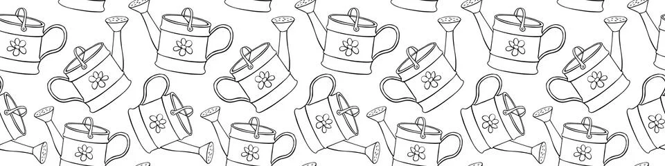 Seamless pattern with watering cans. Hand drawn outline vector background and Stock Illustration