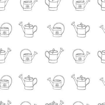 Seamless pattern with watering cans. Hand drawn outline vector background and Stock Illustration