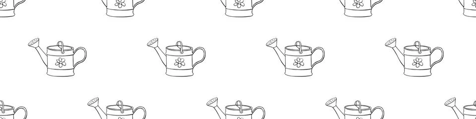 Seamless pattern with watering cans. Hand drawn outline vector background and Stock Illustration