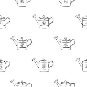 Seamless pattern with watering cans. Hand drawn outline vector background and Stock-Illustration