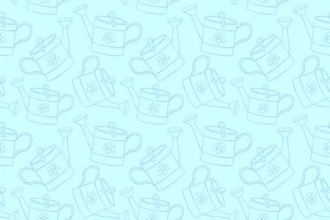 Seamless pattern with watering cans. Hand drawn outline vector background and Stock Illustration