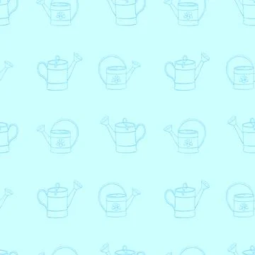 Seamless pattern with watering cans. Hand drawn outline vector background and Stock Illustration