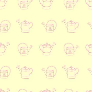 Seamless pattern with watering cans. Hand drawn outline vector background and Stock Illustration
