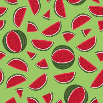 Seamless pattern with watermelon and leaves on a green background. Stock Illustration