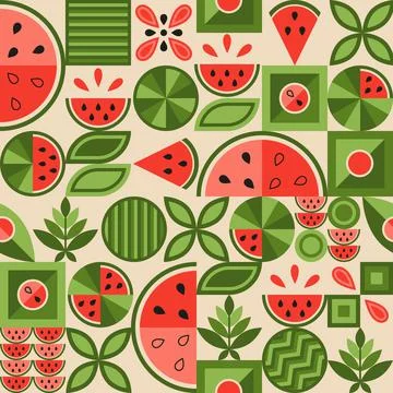 Seamless pattern with watermelon elements, various simple geometric shapes Illustrazione stock