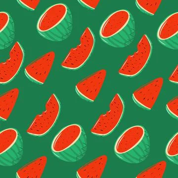 Seamless pattern with watermelon elements, whole watermelon, half, quarter 스톡 일러스트