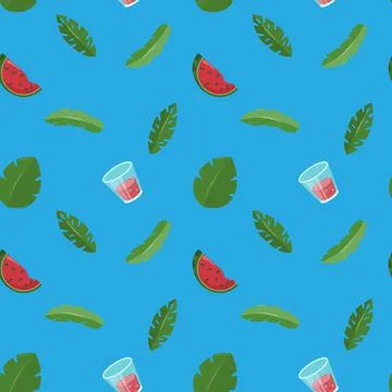 Seamless pattern with watermelon, green leaves and fresh juice in glass. Vect Stock Illustration