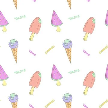 Seamless pattern with watermelon ice cream, popsicle and horn. Doodle style with 스톡 일러스트