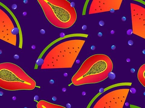 Seamless pattern with watermelon, papaya and blueberries. Summer exotic fru.. Stock Illustration