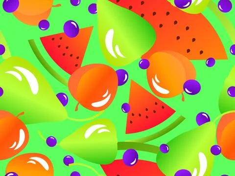 Seamless pattern with watermelon, peach, pear, blueberry. Summer exotic fru.. Stock Illustration