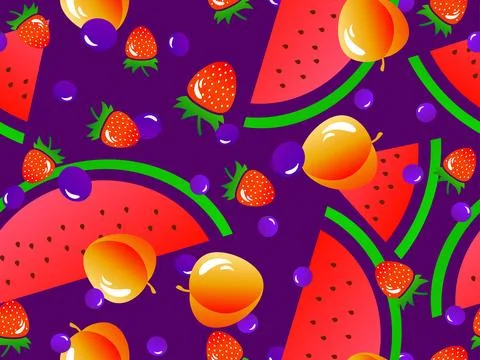 Seamless pattern with watermelon, peach, strawberry, blueberry. Summer exot.. Stock Illustration